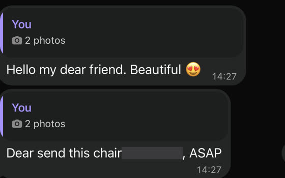 WhatsApp message from a buyer praising the chairs and ordering another, name hidden