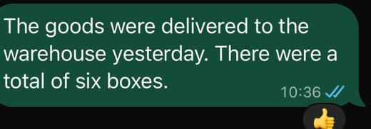 Delivery confirmation chat: the goods were delivered to the warehouse, six boxes